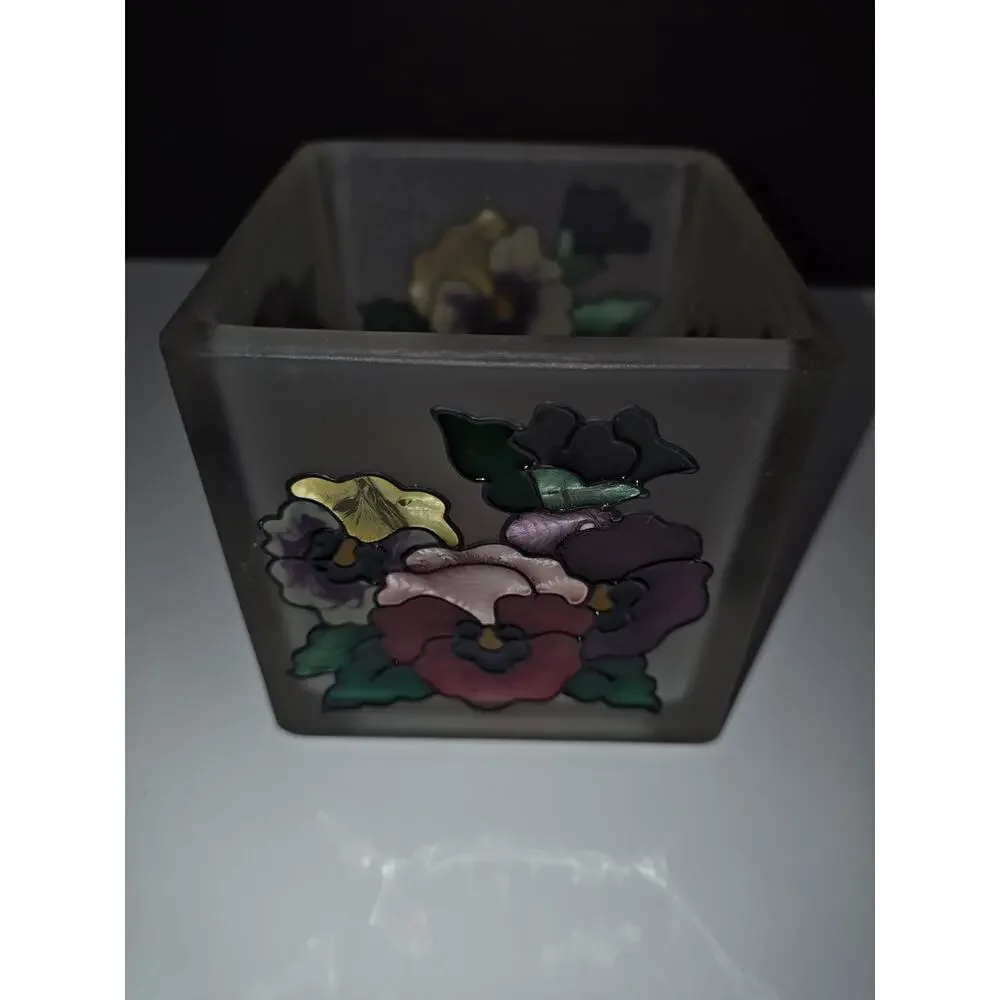 Vintage Joan Baker Designs Candle Holder Flowers Hand Painted Pansies Glass Deco